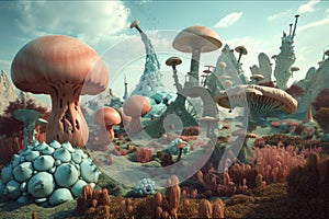 surrealist landscape, with bizarre and otherworldly lifeforms roaming