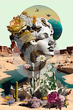 Surrealist painting Portrait statue surrounded by cacti and roses in the desert surrounded by planets