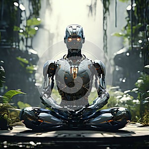 a surrealist painting of a robot meditating in a serene futuris photo