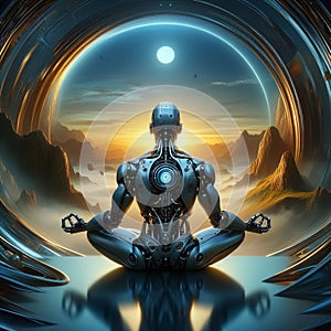 A surrealist painting of a robot meditating in a serene futuris photo