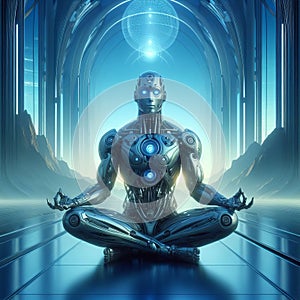 A surrealist painting of a robot meditating in a serene futuris photo