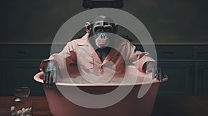 Surrealist Photography: Chimp In A Big Tub With Long Sleeve Shirt