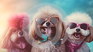 Surrealist photorealistic closeup portrait of 3 dogs