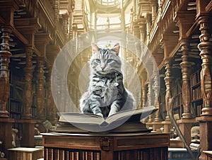 surrealist picture of a professor cat in a library, insane detail AI generative