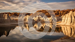 Surrealist Sandstone Cliffs Reflected In Autumn Waters