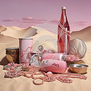 Surrealist still life with pink expensive objects