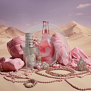 Surrealist still life with pink expensive objects