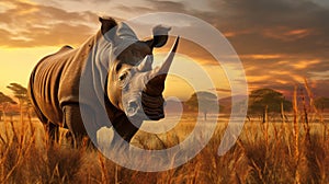 Surrealistic African Desert: A Majestic White Rhino Grazing In Fantastical Surroundings