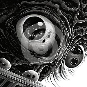 Surrealistic Black Eyed Monster On Roof: Nightmarish Illustration With Hyperrealism