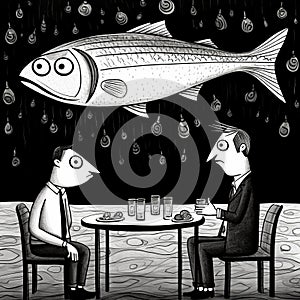 Surrealistic Black And White Cartoon Of Two Men Discussing Dinner With Fish