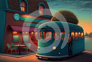 Surrealistic cafe in dreamlike fairytale art nouveau style. Surreal caffeteria in vintage style. Generated AI.