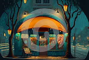 Surrealistic cafe in dreamlike fairytale art nouveau style. Surreal caffeteria in vintage style. Generated AI.