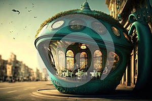 Surrealistic cafe in dreamlike fairytale art nouveau style. Surreal caffeteria in vintage style. Generated AI.