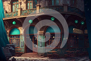 Surrealistic cafe in dreamlike fairytale art nouveau style. Surreal caffeteria in vintage style. Generated AI.