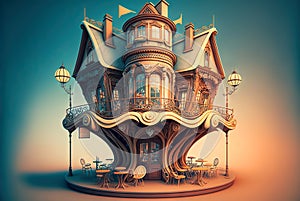 Surrealistic cafe in dreamlike fairytale art nouveau style. Surreal caffeteria in vintage style. Generated AI.