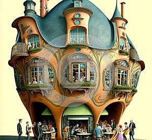 Surrealistic cafe in dreamlike fairytale art nouveau style. Surreal caffeteria in vintage style. Generated AI.