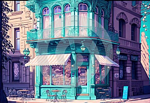 Surrealistic cafe in dreamlike fairytale art nouveau style. Surreal caffeteria in vintage style. Generated AI.