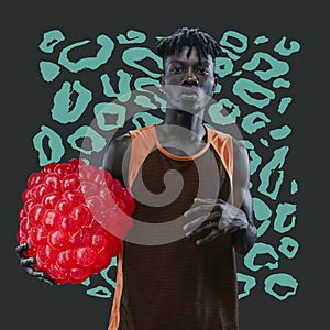 Surrealistic contemporary art image of young handsome african basketball player