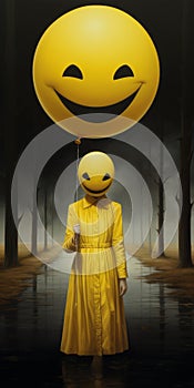 Surrealistic Dystopia: Yellow Smiley Face Person In The Woods