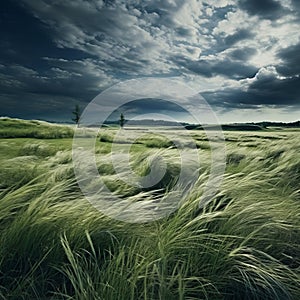 Surrealistic Fantasy Landscape: Tall Grass Blowing Under Stormy Skies