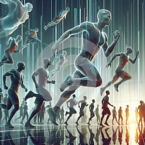 A surrealistic hologram display of athletes transformed into a photo