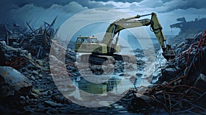 Surrealistic Horror: Excavator Near Stream In Evocative Environmental Portrait