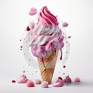 Surrealistic Ice Cream Cone With Pink Drippings On White Background