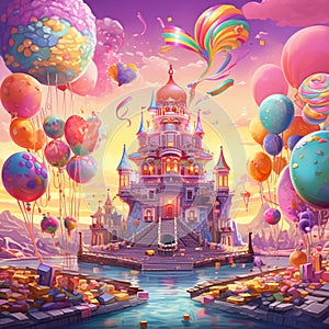 Surrealistic Illustration of Candy-Filled World with Birthday Cakes and Anniversary Gifts