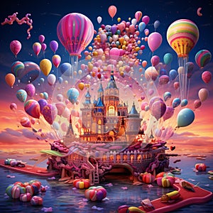 Surrealistic Illustration of Candy-Filled World with Birthday Cakes and Anniversary Gifts photo