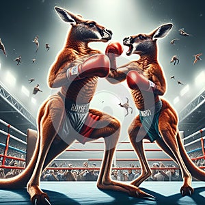 surrealistic image of two kangaroos in a boxing match