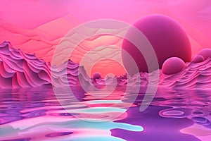 Surrealistic landscape of nature in the future of virtual reality. Blue, violet, pink unnatural sky and water