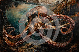 A surrealistic painting of a colossal squid lurking in the depths, its massive tentacles coiled around a sunken shipwreck