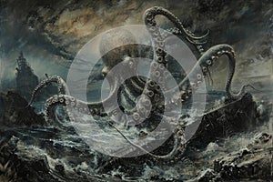 A surrealistic painting of a colossal squid lurking in the depths, its massive tentacles coiled around a sunken shipwreck