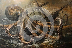 A surrealistic painting of a colossal squid lurking in the depths, its massive tentacles coiled around a sunken shipwreck