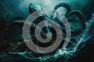 A surrealistic painting of a colossal squid lurking in the depths, its massive tentacles coiled around a sunken shipwreck