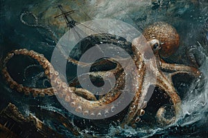 A surrealistic painting of a colossal squid lurking in the depths, its massive tentacles coiled around a sunken shipwreck