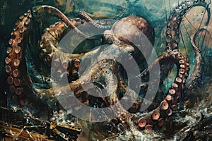 A surrealistic painting of a colossal squid lurking in the depths, its massive tentacles coiled around a sunken shipwreck