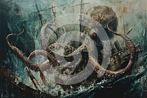 A surrealistic painting of a colossal squid lurking in the depths, its massive tentacles coiled around a sunken shipwreck