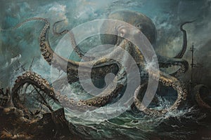 A surrealistic painting of a colossal squid lurking in the depths, its massive tentacles coiled around a sunken shipwreck