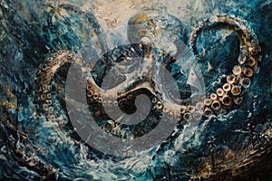 A surrealistic painting of a colossal squid lurking in the depths, its massive tentacles coiled around a sunken shipwreck