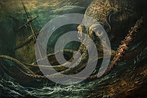 A surrealistic painting of a colossal squid lurking in the depths, its massive tentacles coiled around a sunken shipwreck