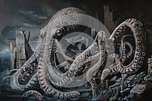 A surrealistic painting of a colossal squid lurking in the depths, its massive tentacles coiled around a sunken shipwreck