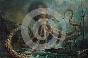 A surrealistic painting of a colossal squid lurking in the depths, its massive tentacles coiled around a sunken shipwreck