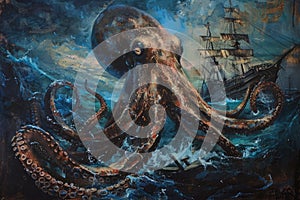 A surrealistic painting of a colossal squid lurking in the depths, its massive tentacles coiled around a sunken shipwreck