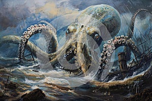 A surrealistic painting of a colossal squid lurking in the depths, its massive tentacles coiled around a sunken shipwreck