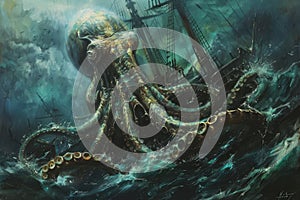 A surrealistic painting of a colossal squid lurking in the depths, its massive tentacles coiled around a sunken shipwreck