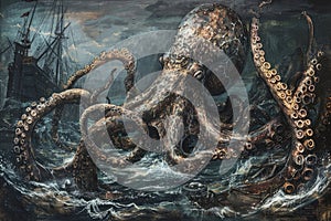 A surrealistic painting of a colossal squid lurking in the depths, its massive tentacles coiled around a sunken shipwreck