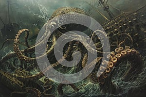 A surrealistic painting of a colossal squid lurking in the depths, its massive tentacles coiled around a sunken shipwreck