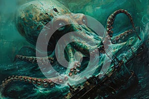 A surrealistic painting of a colossal squid lurking in the depths, its massive tentacles coiled around a sunken shipwreck