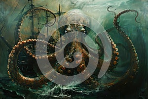 A surrealistic painting of a colossal squid lurking in the depths, its massive tentacles coiled around a sunken shipwreck